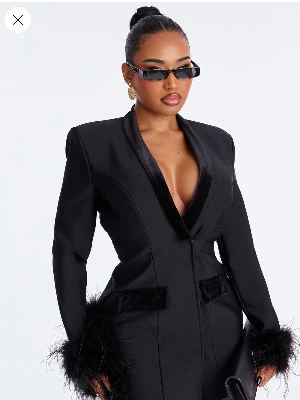 Black Feather Cuff Blazer Dress